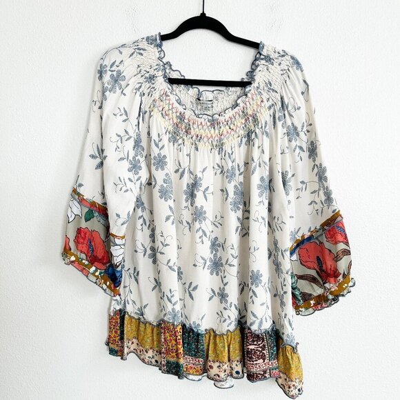 John Mark Tops - John Mark Shirt White Floral Peasant Top Tunic Ruffle Hem 3/4 Sleeves